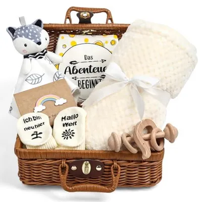 Produktbild von Neugeborenen Geschenk, 7-in-1Baby Geschenkset für Jungen Mädchen: Baby Decke,Schmusetuch, Holzrassel mit Elefant, Lätzchen,Socken in Geschenkbox|Baby Geburt Geschenk, Babyparty Idee-Beige