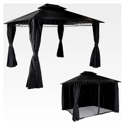 Produktbild von Hardtop Pergola, Pavillon, Aluminium Dachstreben 7cm-Stahlgestell mit Seitenwand und Moskitonetz 3,6x3m - grau