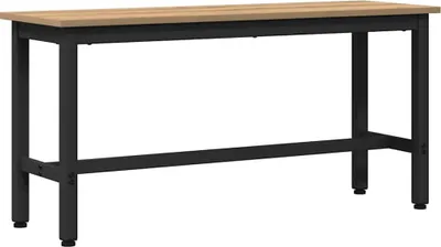 A product shot of a long, narrow table with a wooden top and black metal legs, presented against a white background.