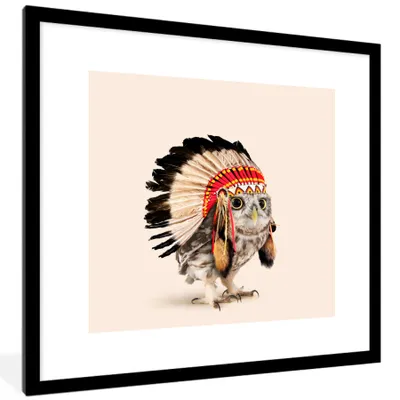 Produktbild von MuchoWow® Gerahmtes Poster Eule - Indianer - Federn - Tiere 40x40 cm - Poster mit Schwarzem Bilderrahmen Wandposter Rahmen Foto Bilder - Poster - Plakat im Rahmen
