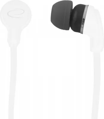 A pair of white earphones with dark gray ear tips is shown against a white background.