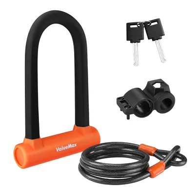 Obrázek produktu pro Zámek na kolo ValueMax, ocelové lanko o délce 1,8 m, s držákem, 2 klíče, 2 v 1: zámek pro kola, motocykly, horská kola a elektrokola
