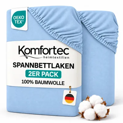 Produktbild von Komfortec 2er Pack Jersey Spannbettlaken 160x200 cm, 100% Baumwolle, Doppelpack Spannbettuch, Hellblau