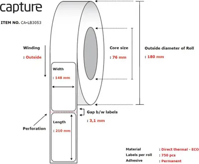Produktbild von Capture CA-LB3053, Weiß, Rolle, Thermodirekt, Permanent, -10 - 40 °C, 18 cm