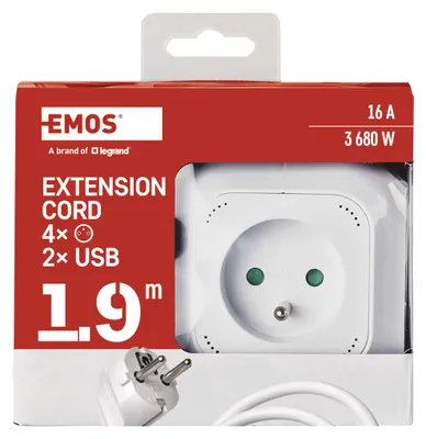 Prodlužovací kabel - kostka 1,9 m / 4 zásuvky / bílý / PVC / s USB / 1 mm2
