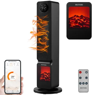 A black Echos heater with a flame effect, a smartphone displaying the Echos app, a remote control, and a separate screen showing a fireplace.