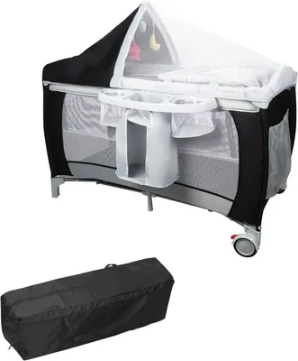 Produktbild von Faltbares 3-in-1-Babybett, 120x60cm Reisebett mit Matratze und Wickeltisch, Babyreisebett mit Moskitonetz und Seiteneingang, inklusive Tragetasche, Kinderreisebett für Babys von 0-36 Monate