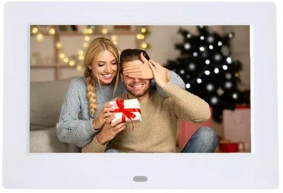 Obrázek produktu pro Digitální fotorámeček s 7palcovým displejem, zobrazením kalendáře v bílé barvě, podporou SD karet a připomenutími budíku.