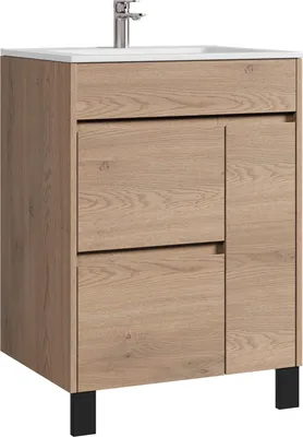 Produktbild von Badplaats Badmöbel Set mit Waschbecken und Unterschrank Salzburg 60 x 47 cm Kastanien Eiche - Stehende Waschbeckenunterschrank mit Soft-Close und Waschbecken, Vormontiert