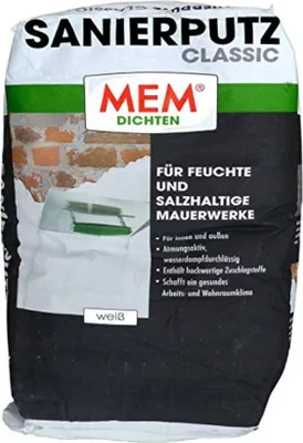 A bag of MEM Sanierputz Classic, a white plaster product for damp and salty masonry.