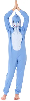 Produktbild von Ladeheid Mädchen Teenager Schlafoverall aus Baumwolle Tierkostüm Jumpsuit bunt Tiermotiv Verkleidung mit Kapuze LA40-233 (Blau Hai, 170)