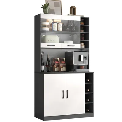 Produktbild von Küchenschrank(100x47x187cm,Weiss)Buffet mit LED-Ambiente-Beleuchtung und Kabellöchern, Küchen-Highboard aus Holz,freistehend,mit Ablagefächer
