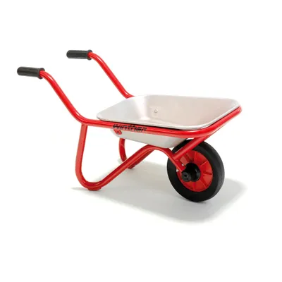 A red and silver children's wheelbarrow is shown against a white background.