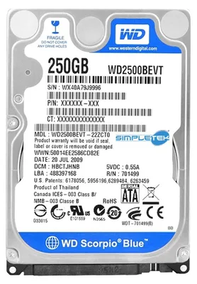 Zdjęcie produktu dla Dysk twardy 250 GB, Western Digital, interfejs SATA, 2,5 cala, model WD2500BEVT, do laptopów i notebooków (wewnętrzny)