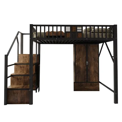 Produktbild von Flieks Etagenbett 140x200cm mit Kleiderschrank, Kinderbett Hochbett mit Stauraumtreppe, Jugendbett Doppelbett Metallbett mit Lattenrost, Schwarz