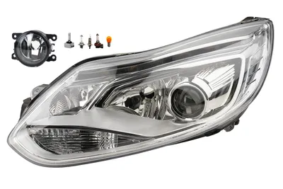 Zdjęcie produktu dla Reflektory pasujące do Ford Focus, rocznik 2004-2014, wyposażone w żarówki D3S, światła przeciwmgielne i światła mijania. Numery części: 2004299, 1751051, 1856841, 1844114, 1799269, 1781168, 8200074008, 620 Johns