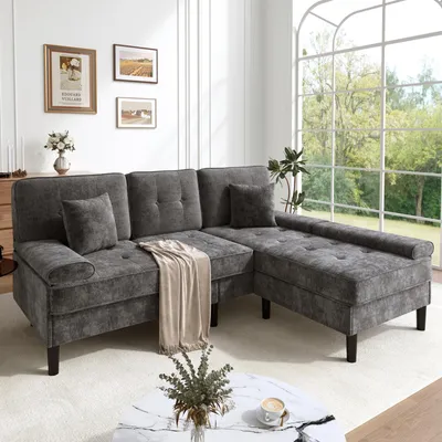 Produktbild von Merax L-Form Ecksofa mit Schlaffunktion, 3-Sitzer Chenille Sofa mit beweglicher Fußbank, modulares Chaiselongue sofa mit Massivholzrahmen, Grau