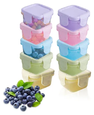 A stack of colorful, clear plastic food storage containers filled with various items, with a pile of blueberries in the foreground.