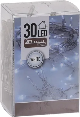 A clear plastic box containing a string of white LED lights.