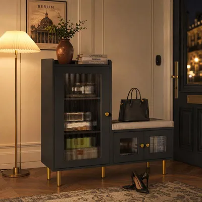Productafbeelding van UnboxG schoenenkast, 100x35x90 cm, zwart, met zitbank, glazen deur en verstelbare legplanken. Schoenenkast met veel opbergruimte, ideaal voor de hal en entree