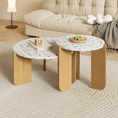 Immagine prodotto di MODFU tavolino da salotto tavolo rotondo set di 2 per soggiorno, camera da letto balcone, tavolino da caffè tavolino da divano con struttura in legno, bianco + legno colore