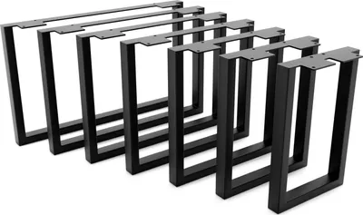 A set of black metal table legs arranged in a row on a white background.