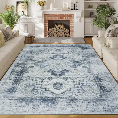 Produktbild von Waschbarer Teppich, niedrigflorig, 160 x 230 cm, blau, rutschfest, für Wohnzimmer