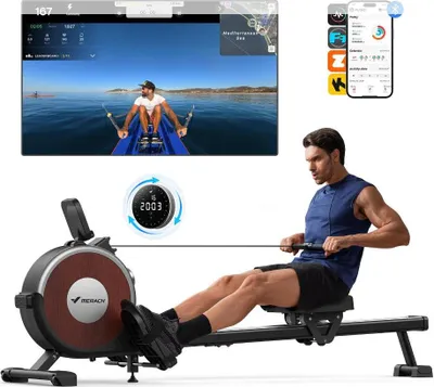 Produktbild von Klappbares magnetisches Rudergerät – leise, 16 Stufen Widerstand, Doppel-Schienen, Bluetooth-App & Tablet-Halter, LCD-Display, bis 158 kg, Heimfitness