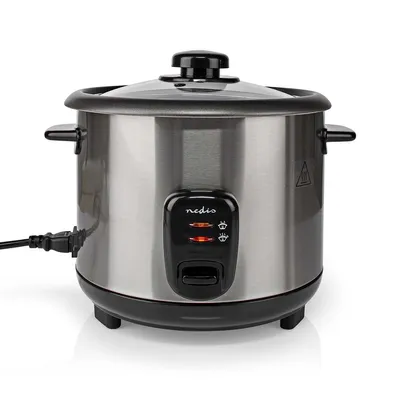 A close-up studio shot of a stainless steel rice cooker on a white background.