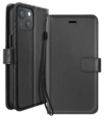 Obrázok produktu pre Mayaxess, ochranné puzdro pre iPhone 13 s peňaženkou, remienkom na zápästie a funkciou stojanu, čierna farba