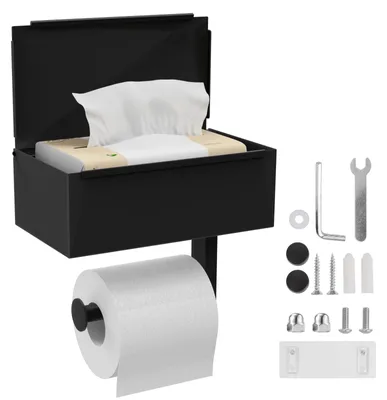 Produktbild von Toilettenpapierhalter Edelstahl - Wandmontage - Mit Ablage - Matt Schwarz - Feuchttücherbox - Einfaches Design - Toilettenrollenhalter