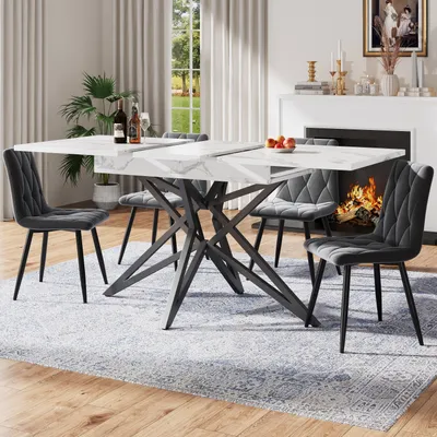 Produktbild von Esstisch-Set (120/160 × 68 cm Esstisch mit 4 Stühlen), ausziehbarer Esstisch, modernes Küchen-Esstisch-Set, Esszimmerstühle, dunkelgraue Küchenstühle aus diagonal gemustertem Samt, schwarze Tischbeine
