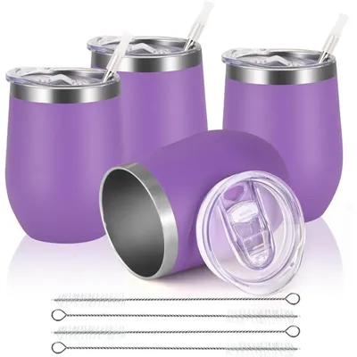 Productafbeelding van Rode glazen van roestvrij staal, zonder voet, met deksel, set van 4, paars, 12 oz, dubbelwandig, vacuümgeïsoleerd