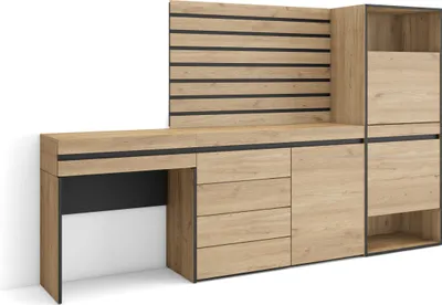 Produktbild von Schuhregal, Schuhschrank, 237x35x145 cm, Für Schlafzimmer, Kommode mit Schubladen, Lamellenwand Holz, Schminktisch, Eiche