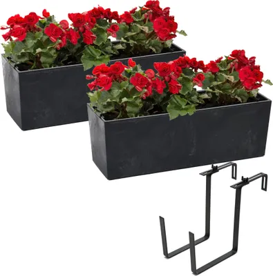 Obrázok produktu pre Sada 2x balkónový kvetináč s vložkou do kvetináča betónový vzhľad čierny 56x19 H19,5cm + držiak kov čierny