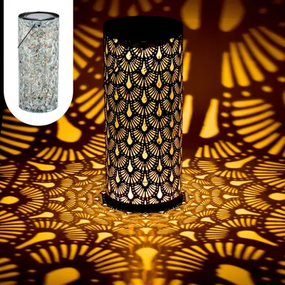 Produktbild von Marrakesch Solarlaterne für außen mit Henkel aus Metall 30cm Groß | Orientalische Outdoor Solar LED Laterne fava Grün IP65 Wasserdicht als Gartendeko Deko
