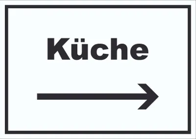 Produktbild von Küche Schild mit Text und Richtungspfeil rechts Kitchen cucina waagerecht A2 Rückseite selbstklebend