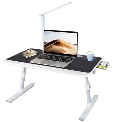 Zdjęcie produktu dla Stolik na laptopa do łóżka - Składany stolik na laptopa - Regulacja wysokości i kąta nachylenia - Z szufladą - Lampa LED - 60 x 40 cm - Czarny