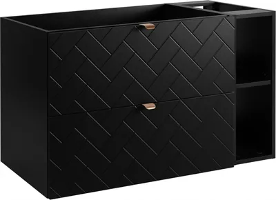 A black bathroom vanity cabinet with two drawers and open shelving on the right side.