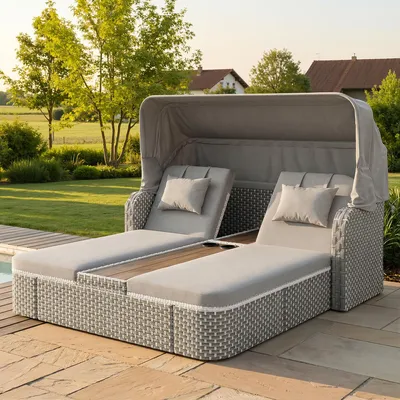 Immagine prodotto di Divano da giardino in rattan Flieks con tettuccio parasole e portabicchieri, lettino da giardino doppio con ripiano e schienale regolabile in 5 posizioni, grigio