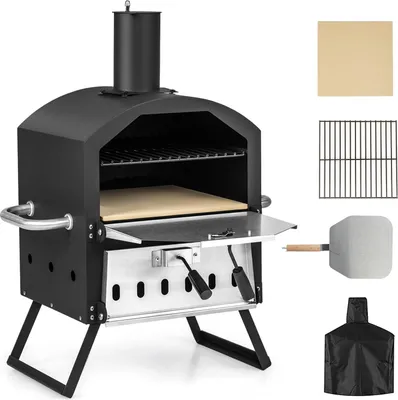 Obrázok produktu pre KOMFOTTEU Pizza Open Outdoor, 2-úrovňová pec na pizzu 600 ℃, prenosná nerezová pec na drevo, záhradná pec na pizzu, mini pec s kameňom na pizzu, šupka na pizzu, grilovací rošt, vodotesné veko