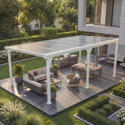 Zdjęcie produktu dla Pergola aluminiowa HWC-O23, zadaszenie patio pawilonu, solidna rama 10cm dach z poliwęglanu rynna deszczowa 3x6m ~ biały