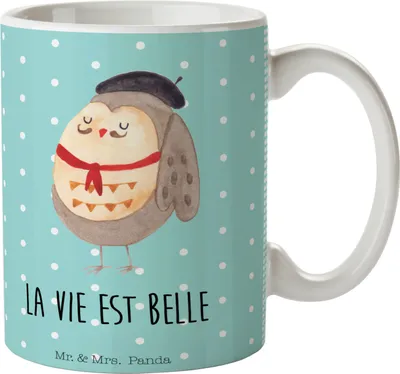 Produktbild von Mr. & Mrs. Panda Teetasse Eule Frankreich - Türkis Pastell - Geschenk, Kaffeetasse, La Vie Est Belle, bedruckt, Tasse, Trinkbecher, Spruch, mit