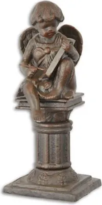 Produktbild von Casa Padrino Jugendstil Gartendeko Gusseisen Figur Engel auf Säule Braun 16,7 x 14,1 x H. 34,1 cm - Garten & Terrassen Deko Skulptur - Barock & Jugendstil Deko Accessoires