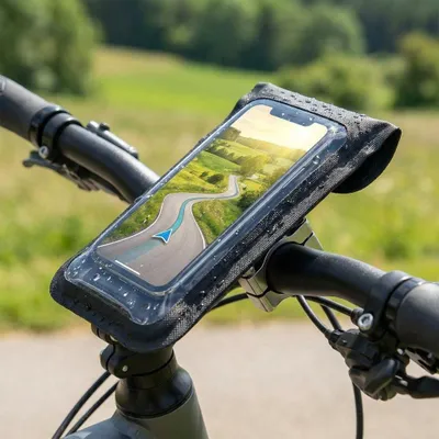 Produktbild von KLICKfix Phone Bag Light S mit Adapter transparent schwarz mit Drehkupplung.