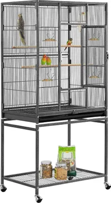 Produktbild von Yaheetech Vogelkäfig mit Ständer mit Rollen & Regal, Vogelbauer Vogelhaus für Nymphensittiche Papageien, Schwarz