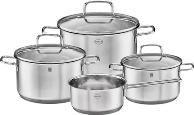 Produktbild von RÖSLE Basic Line Topf-Set, Edelstahl 18/10, 3 Universaltöpfe mit Schüttrand und Glasdeckel, 1 Stielkasserolle, spülmaschinen- und induktionsgeeignet