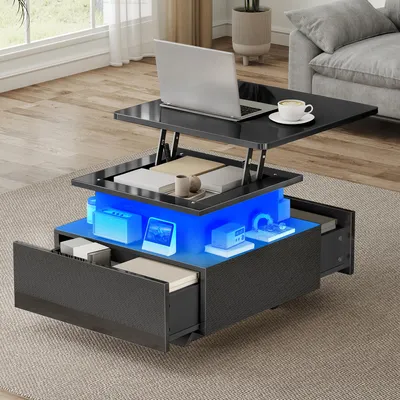 Produktbild von BALCONERA Couchtische, Beistelltische, Wohnzimmertisch, Höhenverstellbar, LED-Beleuchtung, Modernes Design, Hochglanz, Offenes Ablagefach, 2 Schubladen, Cafetisch, 60x60x45cm