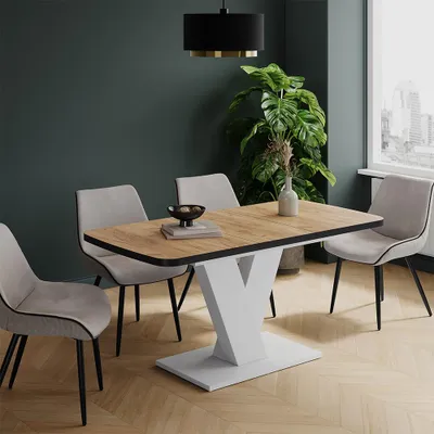 A dining table set in a modern dining room with chairs, a plant, and a pendant light.