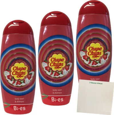 Produktbild von Chupa Chups 2in1 Duschgel und Shampoo Erbeer & Cream 3er Pack (3x250ml) + usy Block